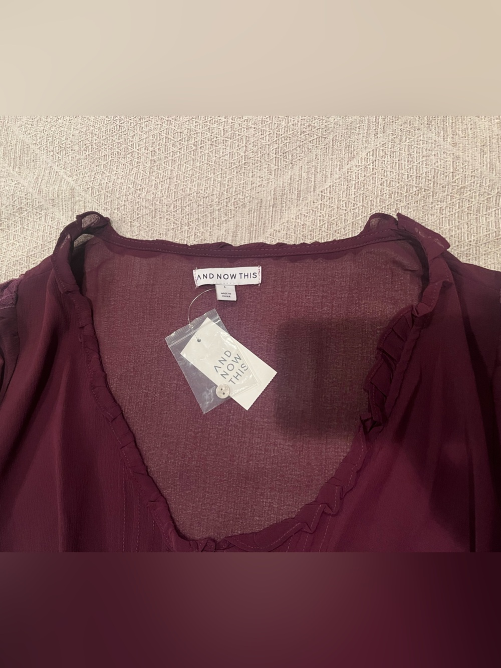 And Now This Women's Plum Sheer Lace Ruffle-Trim Crop Top Long Puff Sleeves - Picture 4 of 6